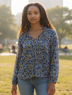 GAP Blue Floral V-neck Blouse Sheer. Large